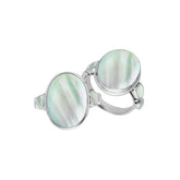 Sterling silver oval Mother of Pearl ring with matching side inlays, handcrafted artisan statement jewelry with elegant iridescent finish.